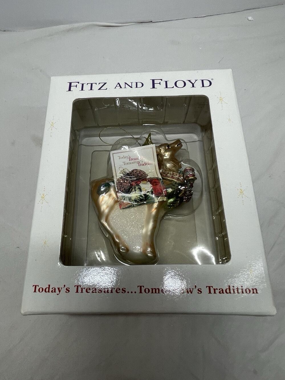 Fitz & Floyd Florentine Christmas Reindeer Glass Ornament w/Holly Bow